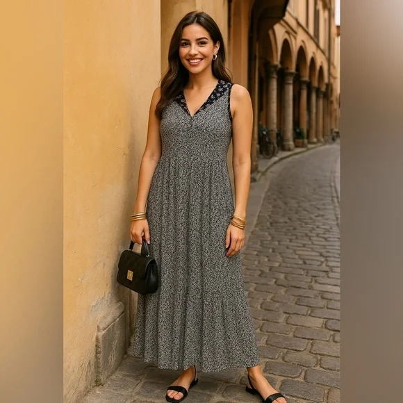 TF•LA Black & White Floral Maxi Dress | Boho Chic Italy-Inspired Look | Size L - Picture 1 of 10